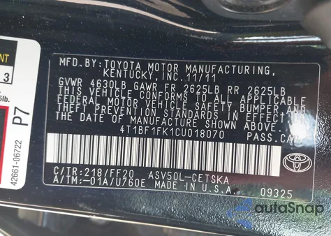2012 Toyota Camry Se/Le/Xle z USA, uszkodzony, nr VIN 4T1BF1FK1CU018070